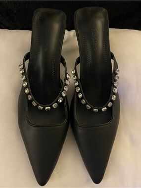 Black Crystal Rhinestone Straps Kitten Heel Mule Sandals